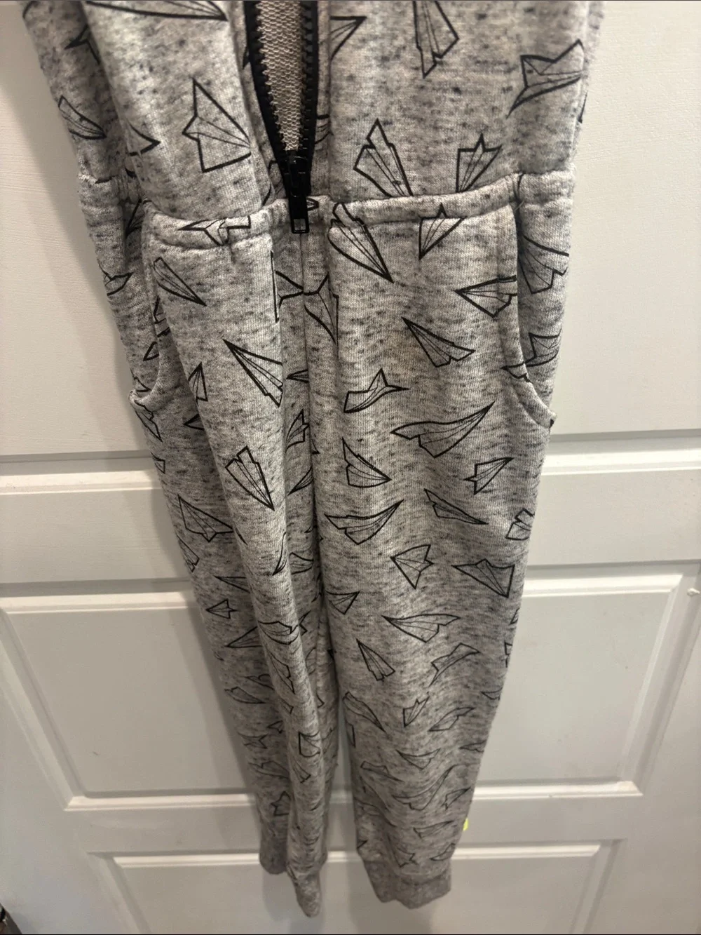 Grey Paper Plane Hooded Kids Romper with Front Zip